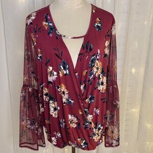 Elegant Floral Women's Blouse in Burgundy